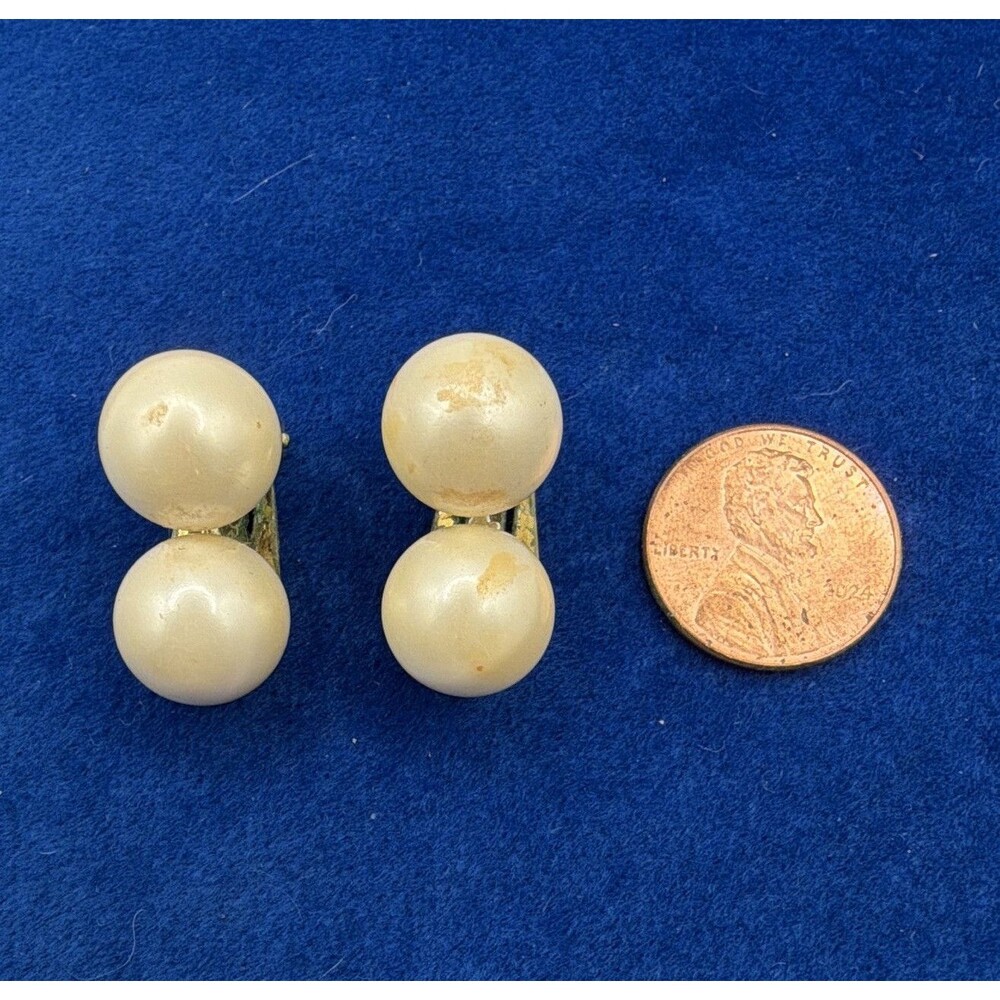 Signed Marvella Clip-On Double Stud Imitation Pearl Earrings Ivory Silver Tone